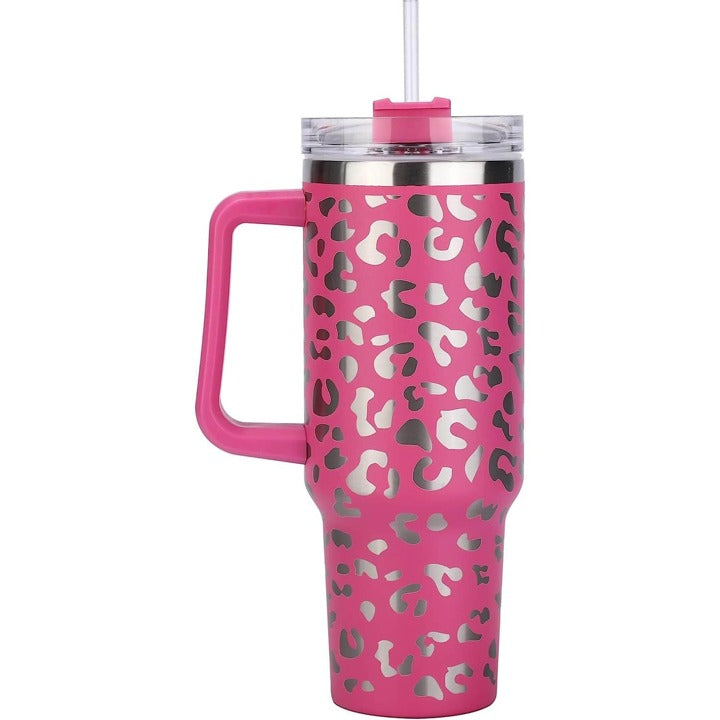 Leopard print 40 oz tumbler with handle and straw