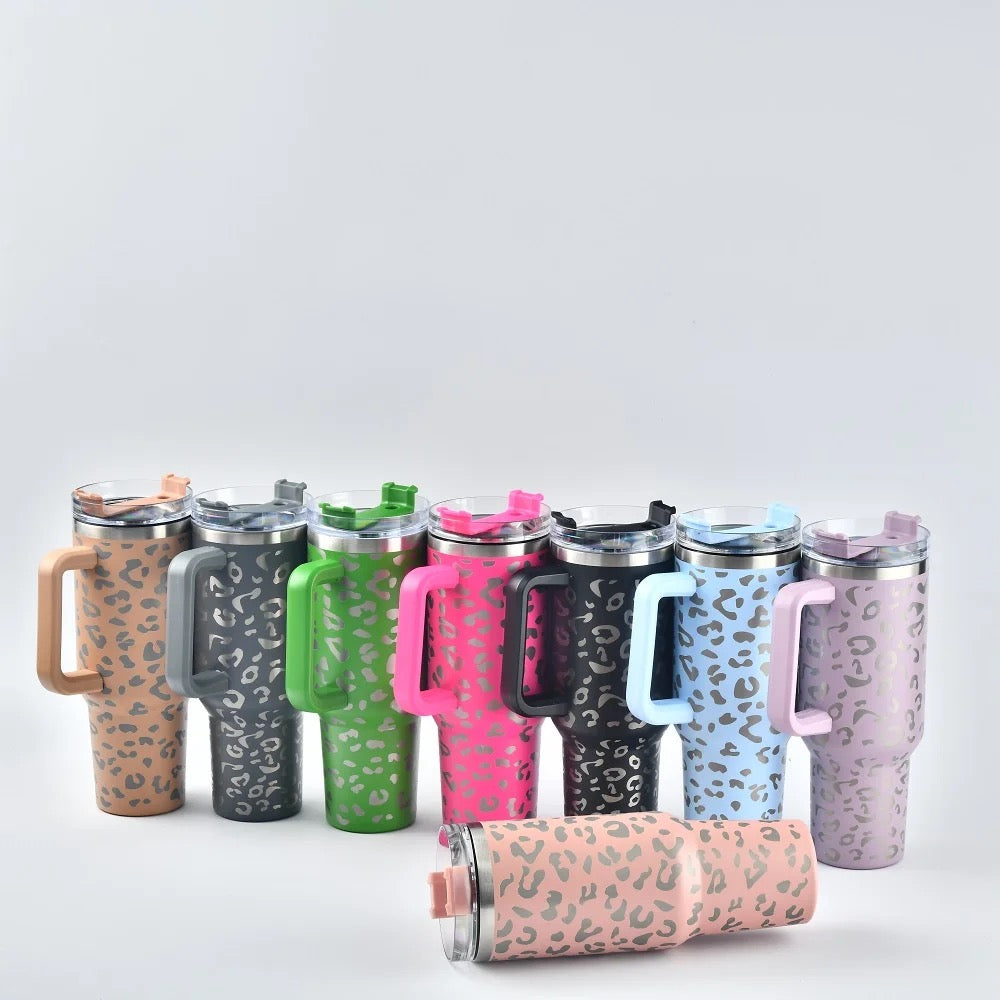 Leopard print 40 oz tumbler with handle and straw
