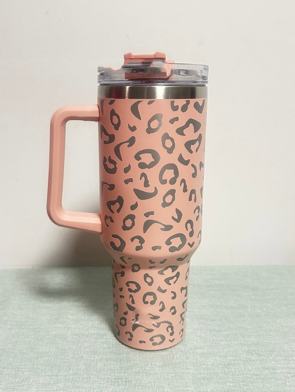 Leopard print 40 oz tumbler with handle and straw
