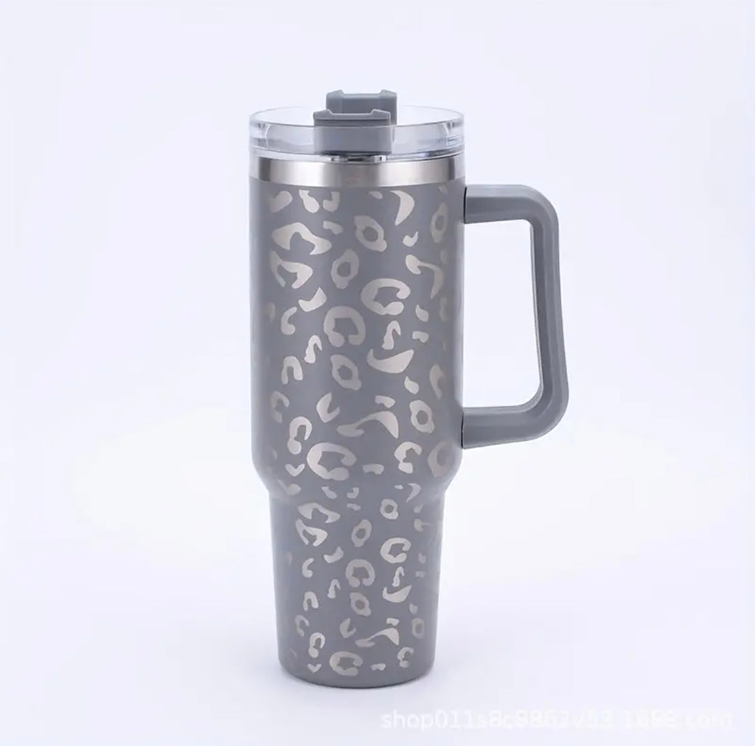 Leopard print 40 oz tumbler with handle and straw