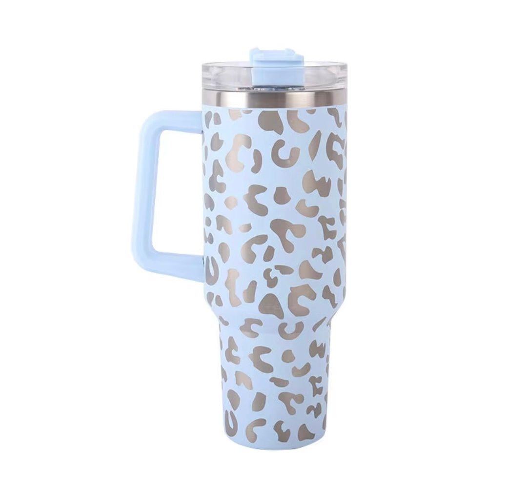 Leopard print 40 oz tumbler with handle and straw