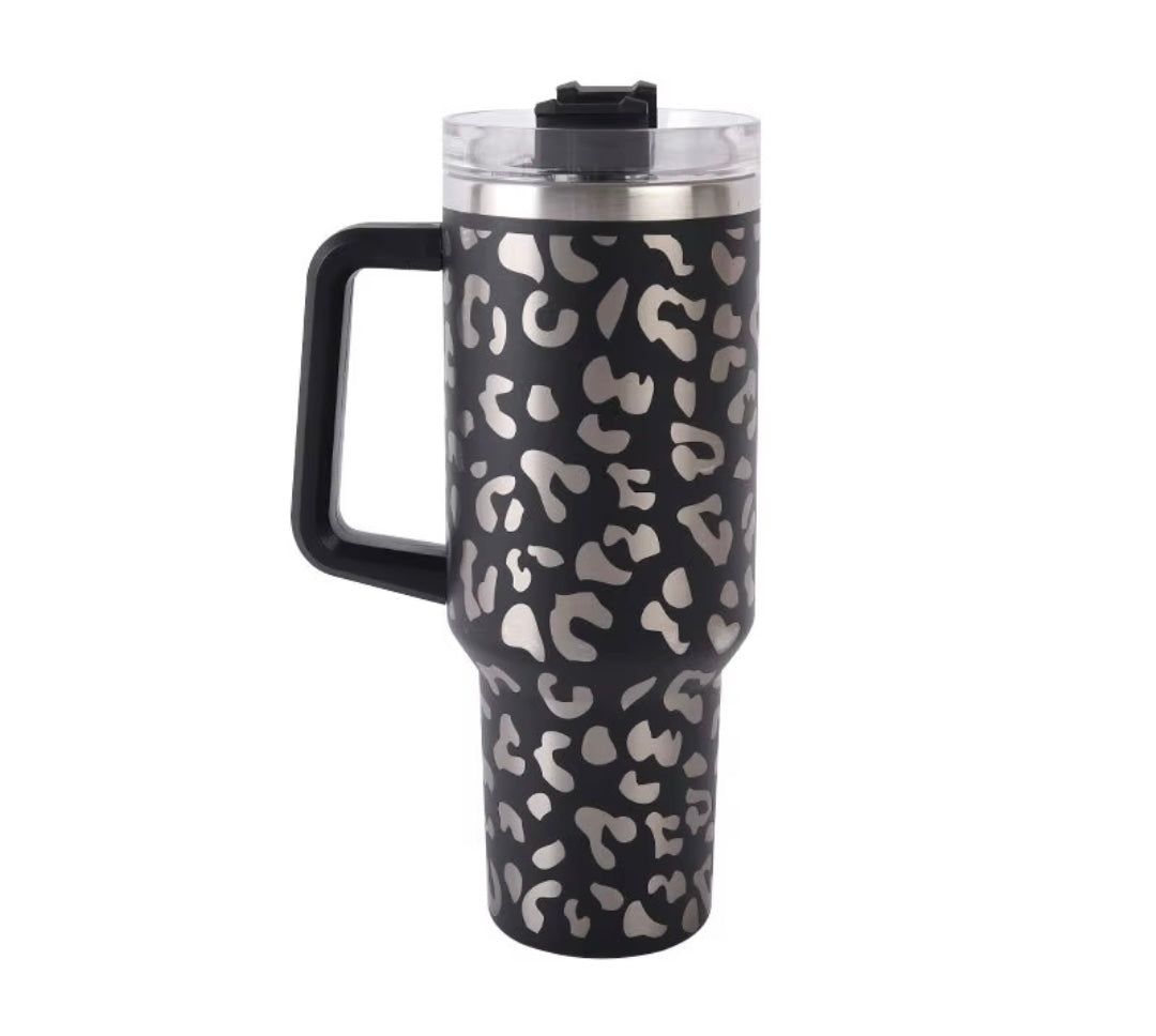 Leopard print 40 oz tumbler with handle and straw