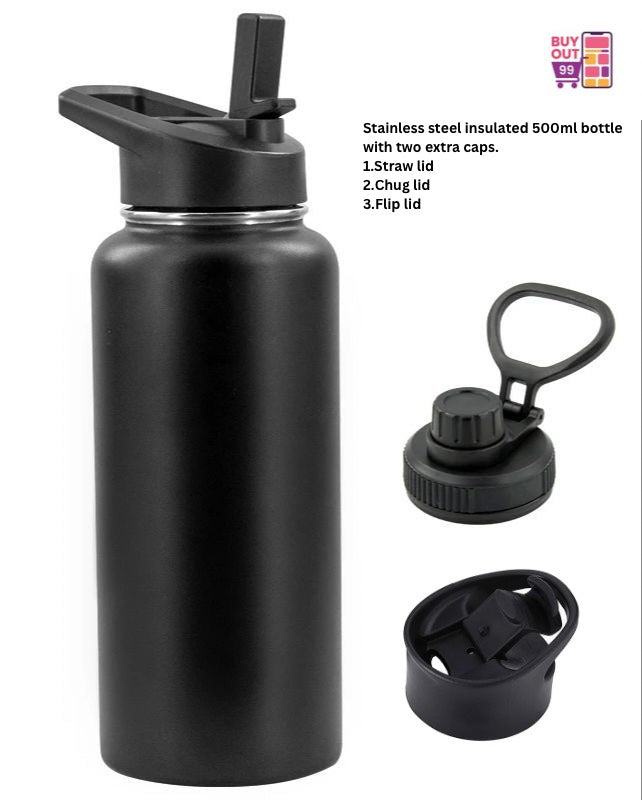 Stainless steel 500ml bottle with 3 lids