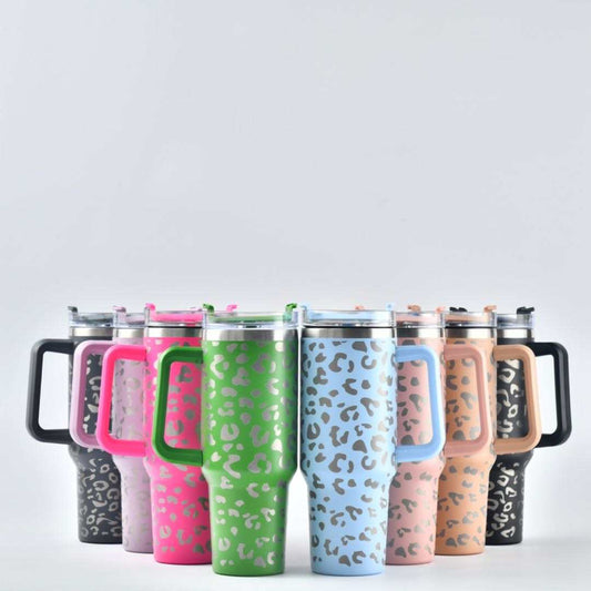 Leopard print 40 oz tumbler with handle and straw